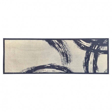 Tapis long rectangulaire 50x150 cm à motifs abstraits bleus sur fond beige, bordure sombre. Taois cuisine bountiful.