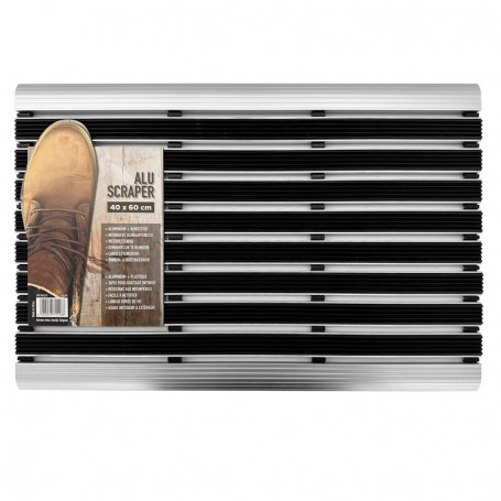 Tapis en aluminium avec caoutchouc noir, panneau affichant 40 x 60 cm et pochette produit; bottine à gauche.