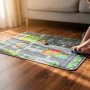 Tapis de jeu réversible City 67×100 cm posé sur le sol, avec routes et immeubles colorés; enfants jouent avec des voitures dessu