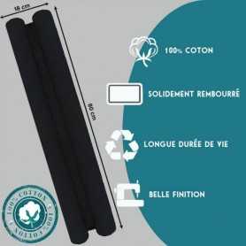 Boudin de porte double en coton noir, dimensions 80 cm x 18 cm, décorations et finitions soignées.