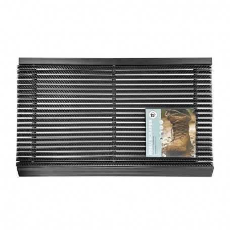 Tapis extérieur en aluminium à brosse PVC, bandes horizontales noires, dimensions 48,5 x 78,5 cm, avec étiquette produit.