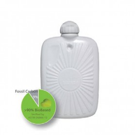 Bouillotte peluche “ours” blanche de 1,8 L avec capuchon, logo écologique BioBased et indicateur fossil carbon.