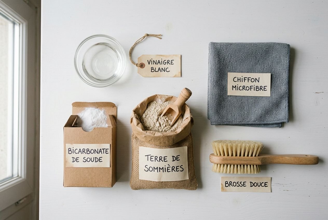 All items de nettoyage pour tapis: bicarbonate de soude, terre de Sommières, vinaigre blanc, talc, brosse douce et chiffon en microfibre, prêts à détacher une tache grasse sur un tapis.