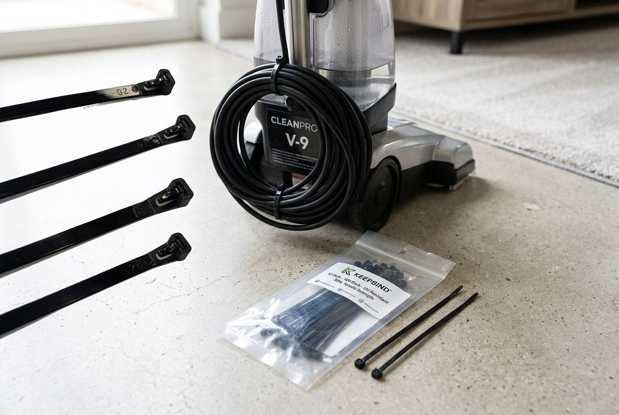 Aspirateur vapeur prêt à l’emploi avec accessoires (crochets et brosses) pour redonner du gonflant à un tapis aplati.