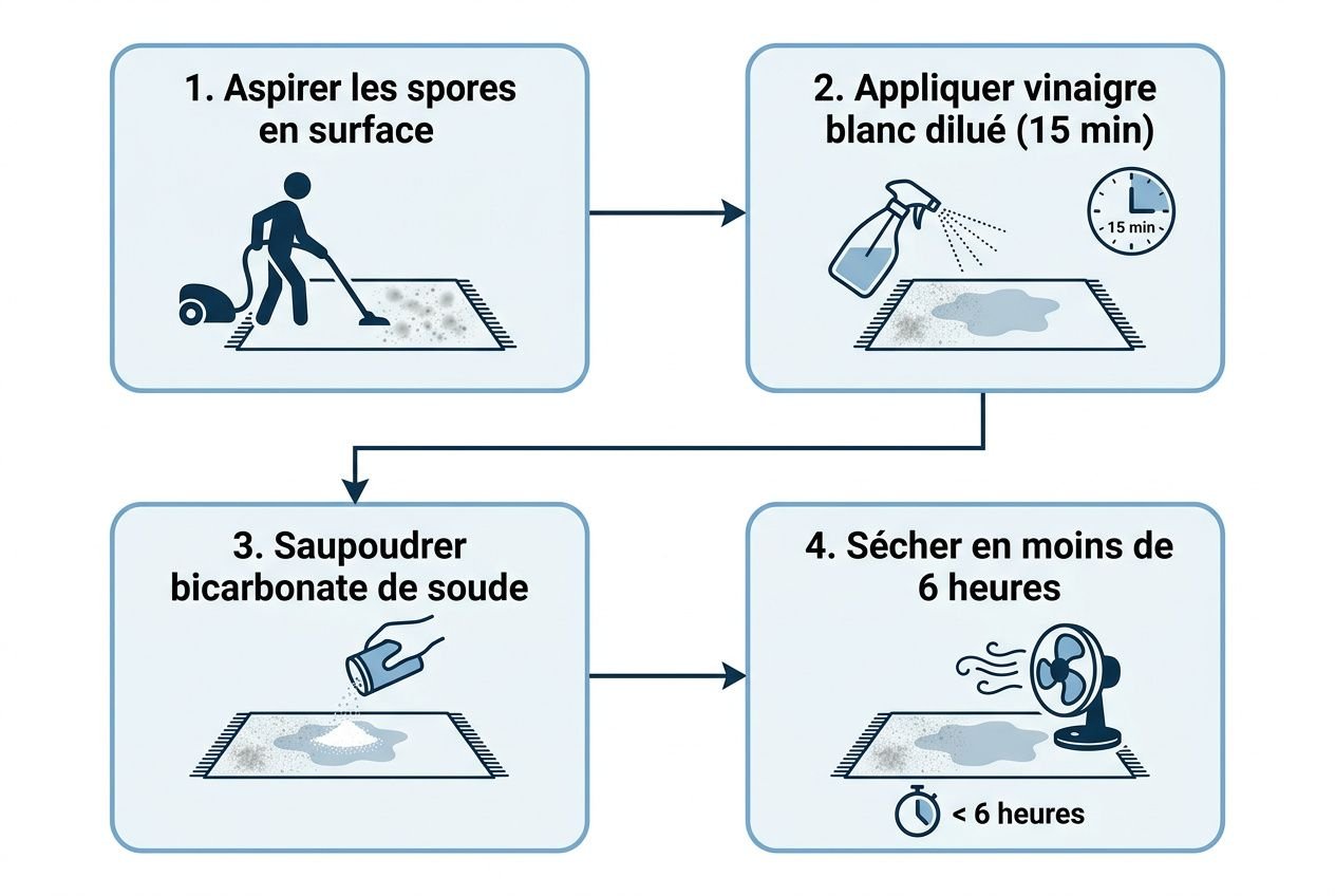 Aspirer les spores en surface, puis appliquer vinaigre blanc dilué, saupoudrer bicarbonate de soude et laisser sécher moins de 6 heures pour éviter tapis humide moisissure éviter.