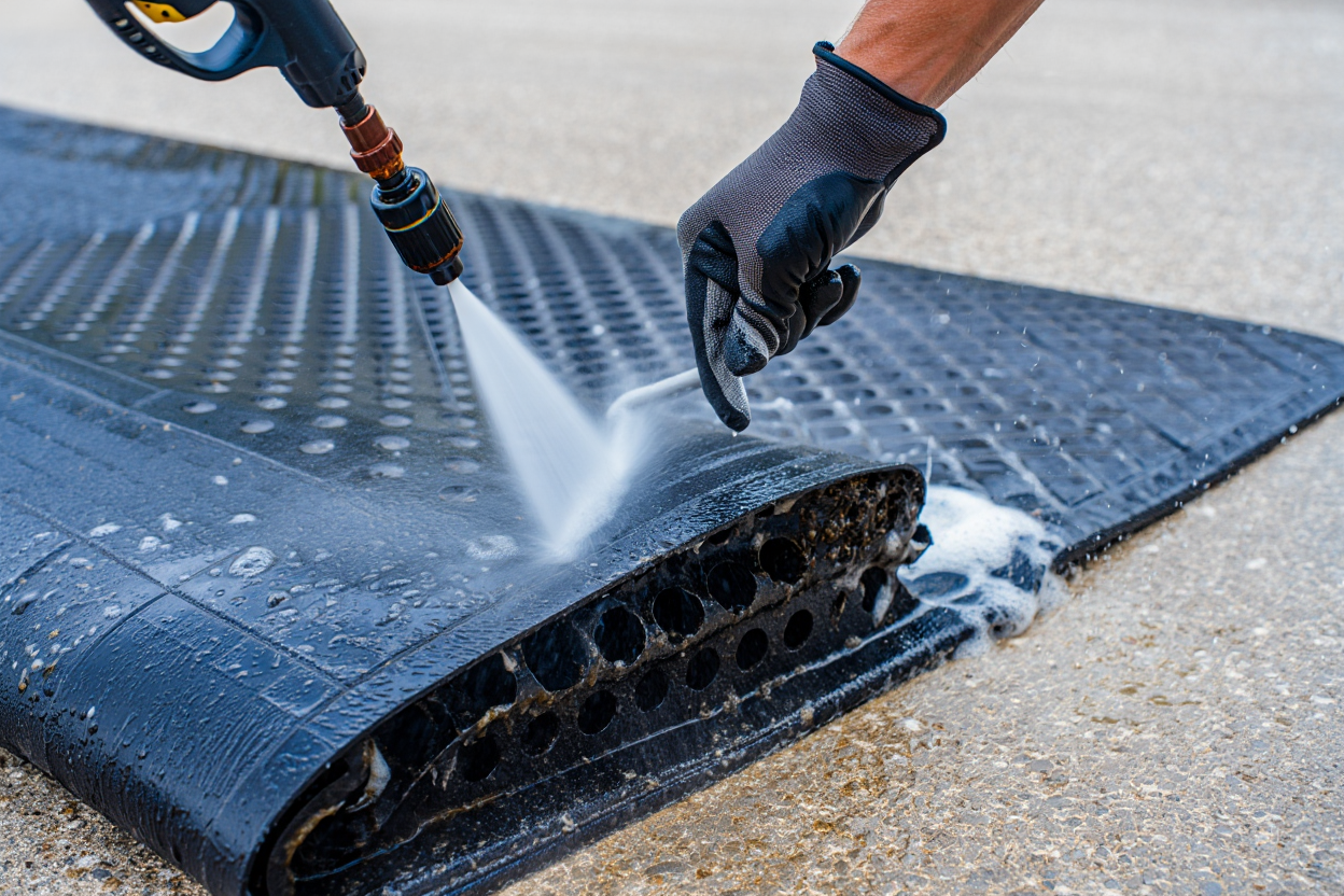 Nettoyage tapis caoutchouc avec nettoyeur haute pression