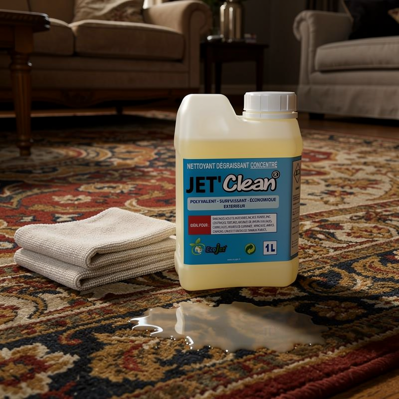 Nettoyant dégraissant posé sur un tapis ancien en laine prêt à traiter une tâche.