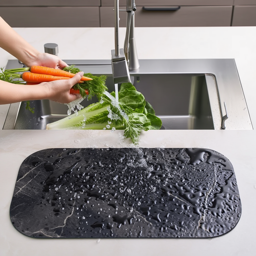 Tapis de cuisine absorbant effet marbre noir positionné devant un évier, démontrant sa capacité d'absorption pendant l'utilisation quotidienne