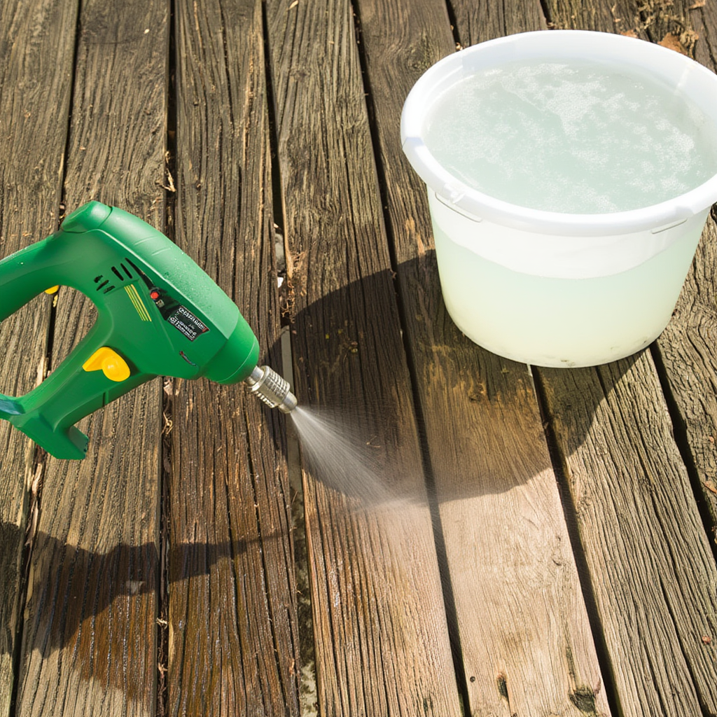 Kit de nettoyage électrique professionnel utilisé sur une terrasse en bois avec solution naturelle
