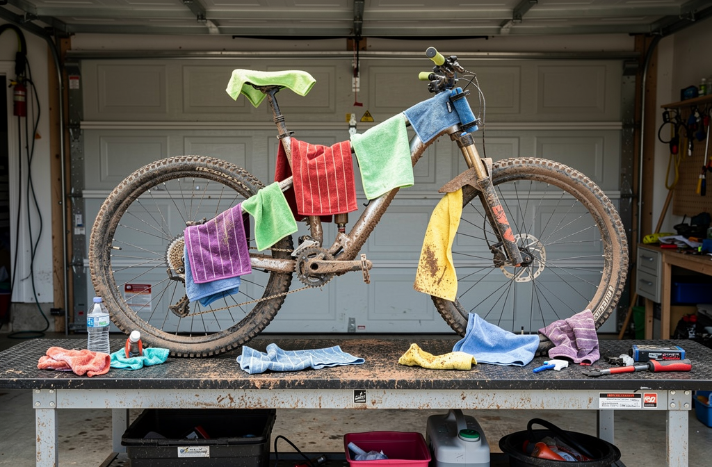Chiffons microfibres colorés disposés sur un VTT en atelier pour l'entretien