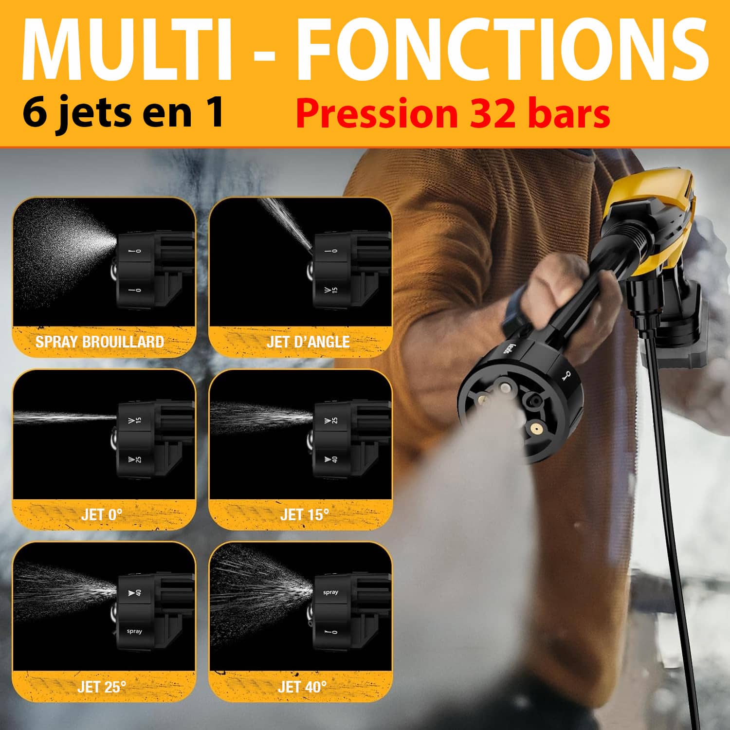 Publicité d’un pistolet à pression multifonctions: 6 jets en 1 avec jets d’angle (0°, 15°, 25°, 40°) et spray brouillard, démonstration sur un tuyau.