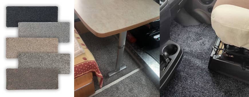 Tapis d’entrée en coton super absorbants: échantillons multicolores et paillasson, vue d’un tapis sous table, et tapis voiture absorbant dans l’habitacle. Tapis d’entrée en coton super absorbants: échantillons multicolores et paillasson, vue d’un tapis sous table, et tapis voiture absorbant dans l’habitacle.