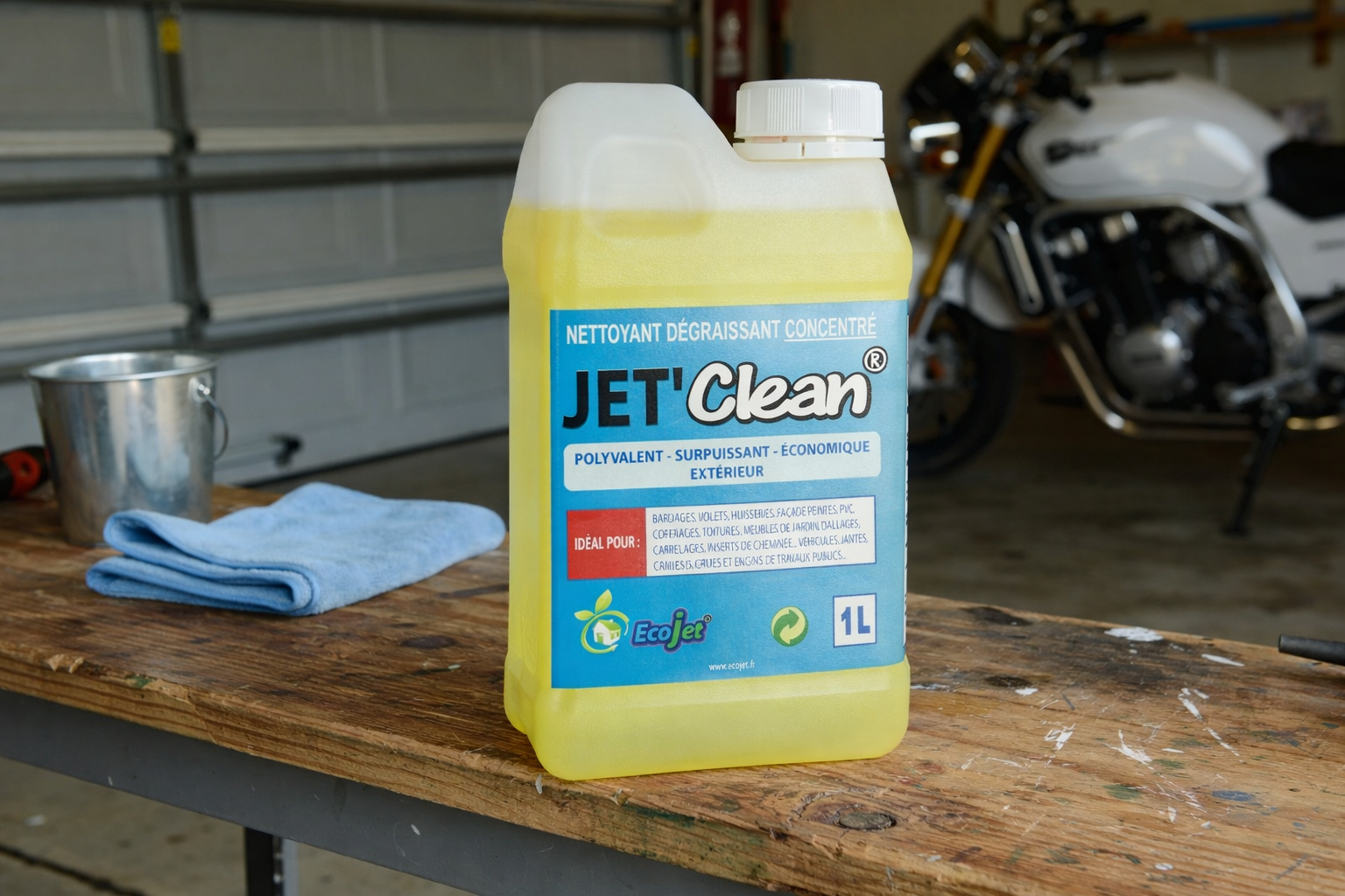 Récipient jaune transparent-surjaune de dégraissant concentré Jet Clean sur une table en bois, moto en arrière-plan et chiffon bleu à côté.