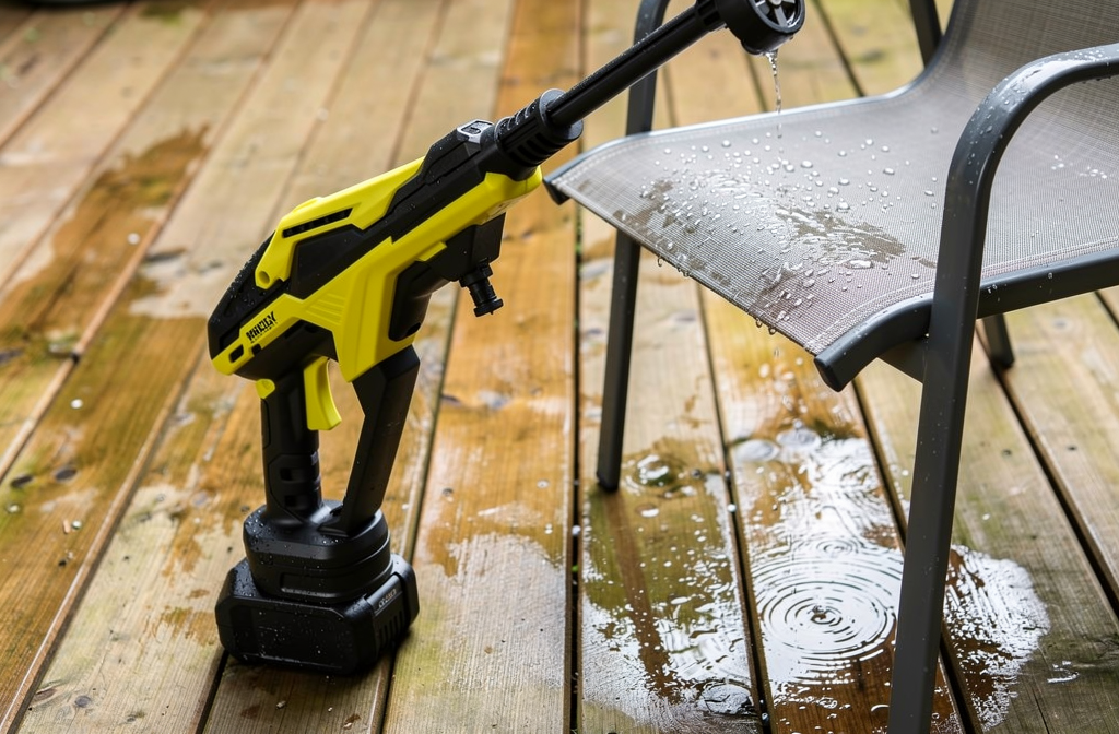 Nettoyeur haute pression sans fil jaune et noir avec sa batterie, posé sur une terrasse en bois à côté d'un mobilier fraîchement nettoyé.