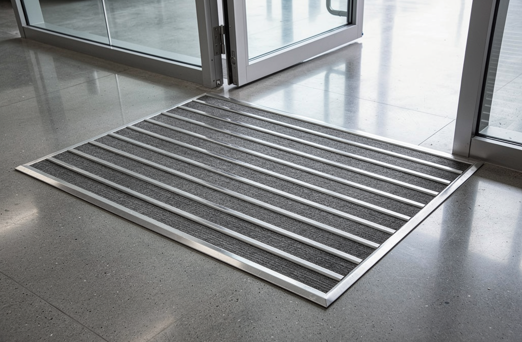 Tapis d'entrée absorbant à rayures grises et blanches dans un hall d'immeuble professionnel moderne