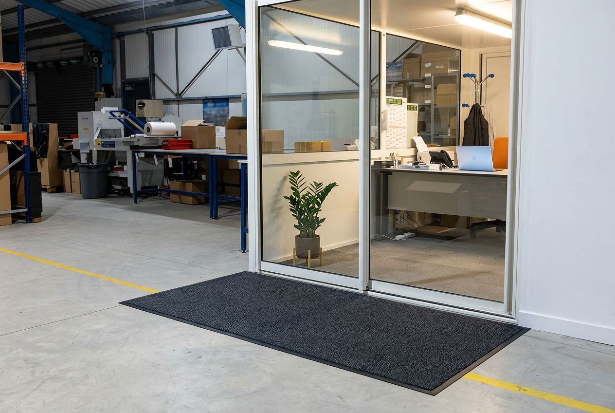Grand tapis d'entrée antidérapant gris foncé posé devant une porte coulissante en verre dans un espace professionnel.