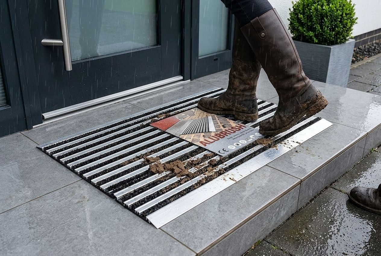 Grand paillasson extérieur en aluminium et brosses posé devant une porte d'entrée moderne