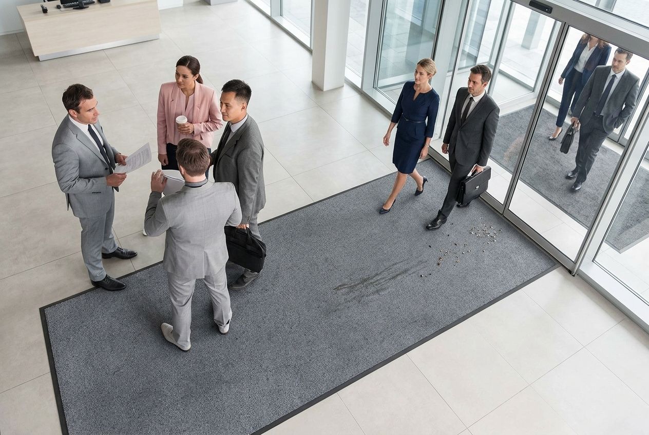 Paillasson 120x40 gris posé à l'entrée d'un bâtiment professionnel avec des personnes en costume marchant dessus.