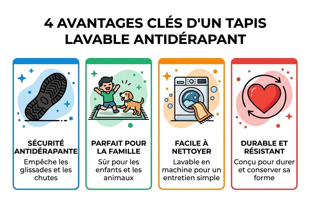 Tapis lavable en machine 200x300 : illustration montrant les 4 avantages clés, dont sécurité antidérapante, facilité d’entretien et design varié.