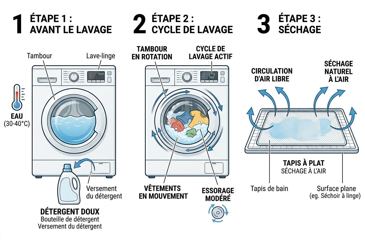 Illustration explicative d’un lave-linge et d’un tapis: lavage, essorage et séchage avec flèches et étiquettes. Tapis plat à air pour le séchage. Mot-clé: tapis souple lavable en machine.