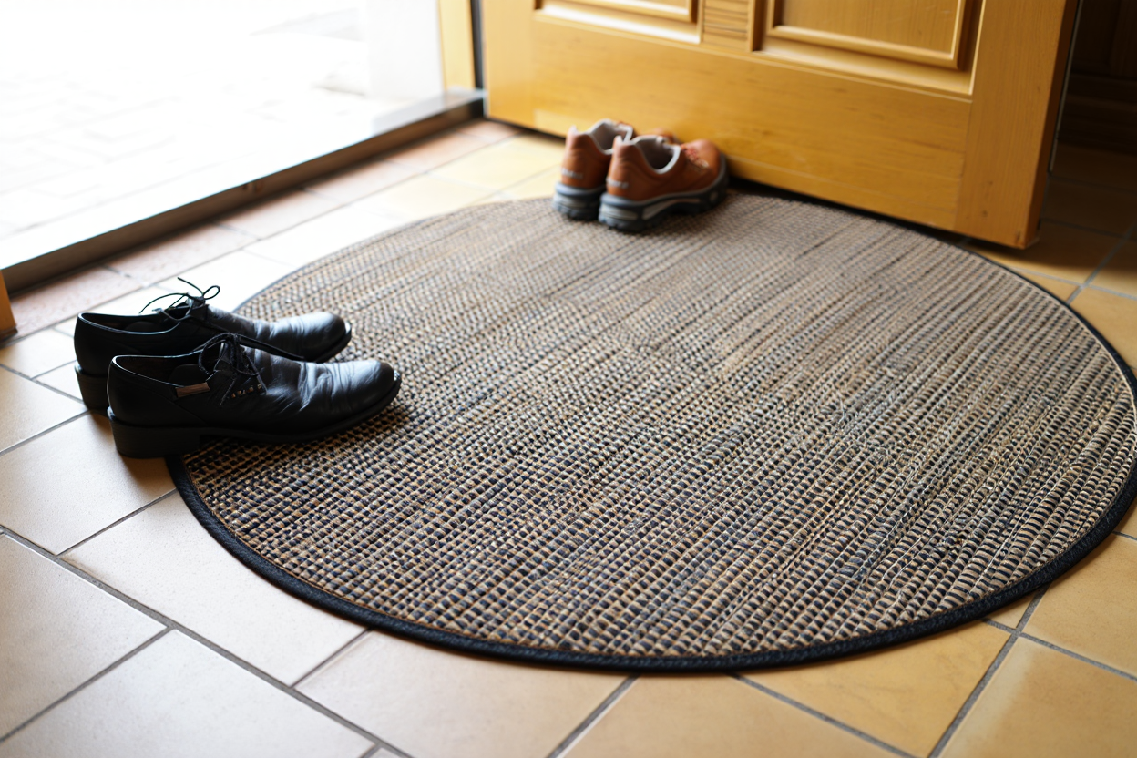 Grand paillasson 120 cm rond en fibres tressées, entrée avec chaussures posées dessus, porte d’entrée en bois.