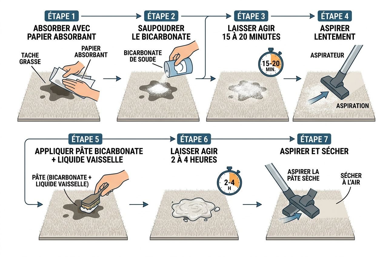 Comment enlever une tache grasse sur un tapis: procédure étape par étape avec absorption, bicarbonate, puis lavage et séchage propre.