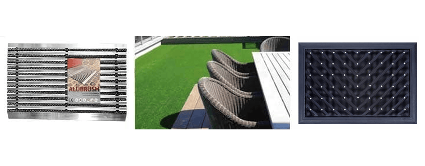 Comment entretenir un tapis d'extérieur : images montrant une brosse nettoyante, un tapis extérieur vert et un paillasson/grille d’entrée résistant.