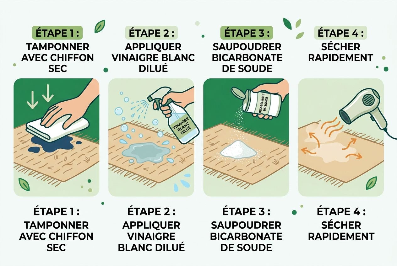Comment nettoyer un tapis en fibres naturelles : étapes pour tapisser, préparer, vaporiser vinaigre blanc dilué et sécher rapidement.