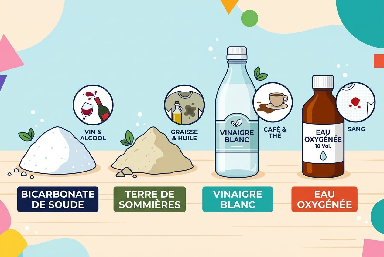 Des éléments illustrant des solutions ménagères: bicarbonate de soude, terre de Sommières, vinaigre blanc, eau oxygénée et bouteilles, plus des pictogrammes indiquant Vin & alcool, Graisse & huile, Café & thé, Sang.