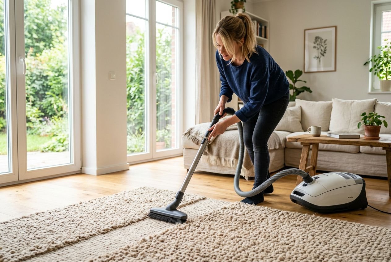Femme passant l’aspirateur sur un tapis en laine dans un salon lumineux, aspirateur connecté et style de vie domestique, application du nettoyage avec soin. comment nettoyer un tapis en laine