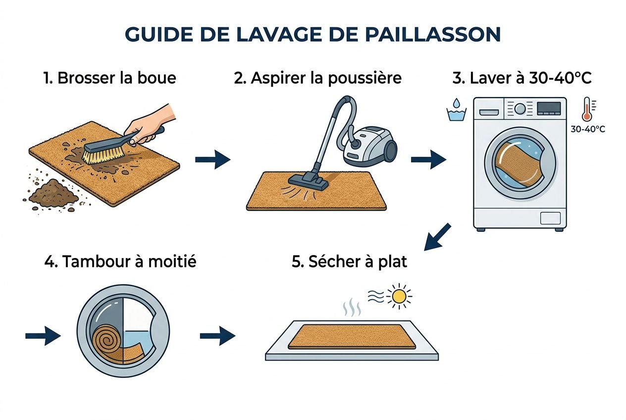 Guide de lavage de paillasson montrant brushing, aspiration, lavage en machine 30-40°C, tambour à moitié, puis séchage à plat.(comment nettoyer un paillasson d'entrée)