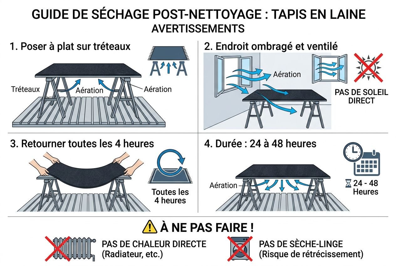 Guide de séchage post-nettoyage d’un tapis en laine montrant les étapes: poser sur tréteaux, endroit ombragé et ventilé, retour des 4 heures, durée 24 à 48 heures; avertissements et risques indiqués. intégré: comment nettoyer un tapis en laine.