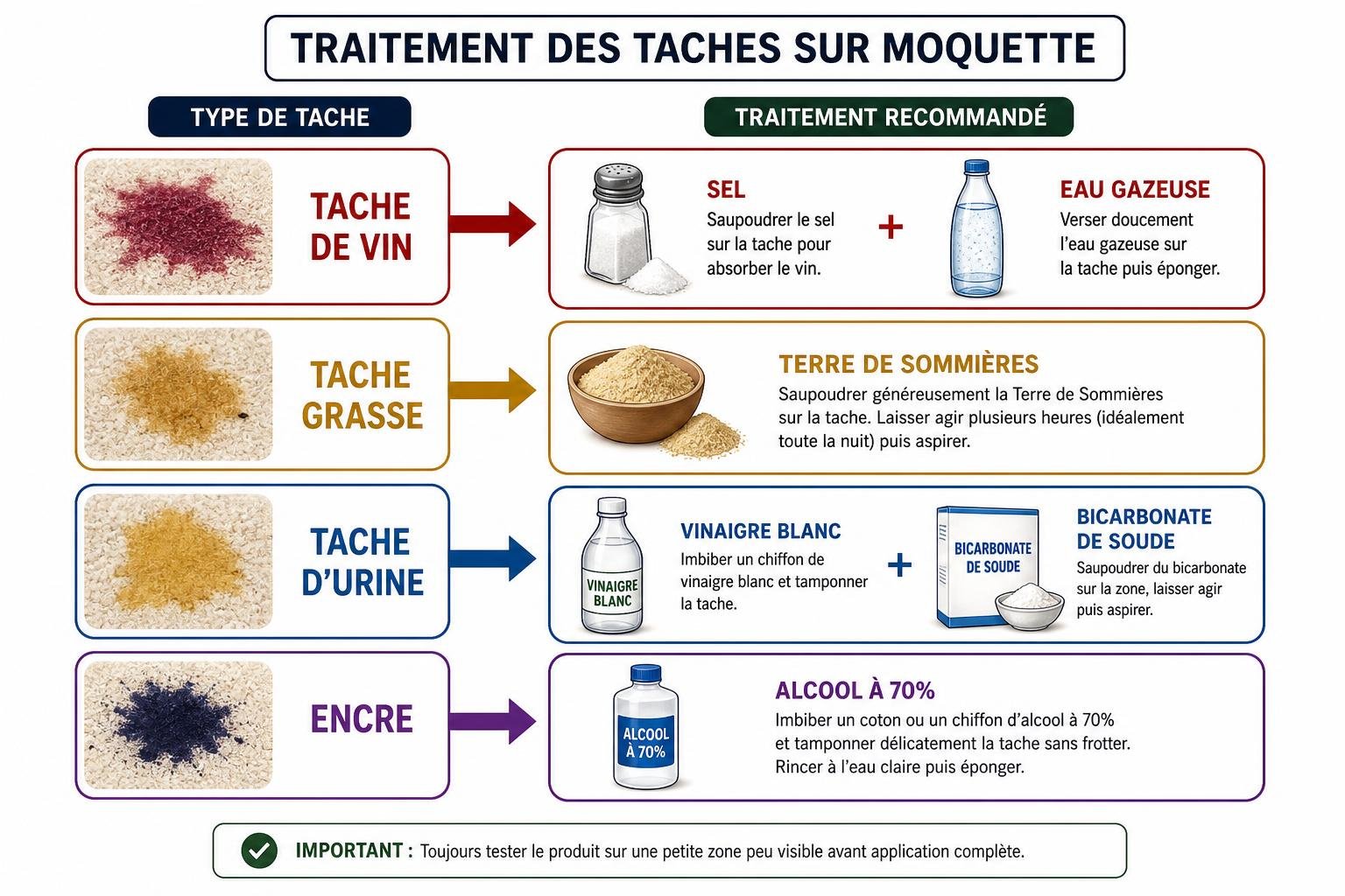 Guide sur le traitement des taches sur moquette: techniques et astuces pour nettoyer un tapis sans l'abîmer.
