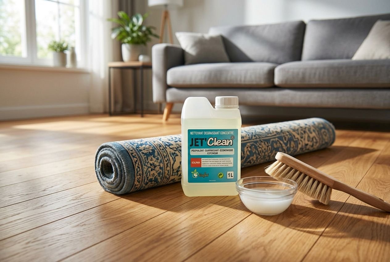 Main sujet: tapis et accessoires de nettoyage prêt à l'emploi. Texte: Tapis roulé sur parquet, flacon Jet Clean, bol de solution et brosse à poils, prêt pour nettoyer sans abîmer. intégré: comment nettoyer un tapis sans l'abîmer.