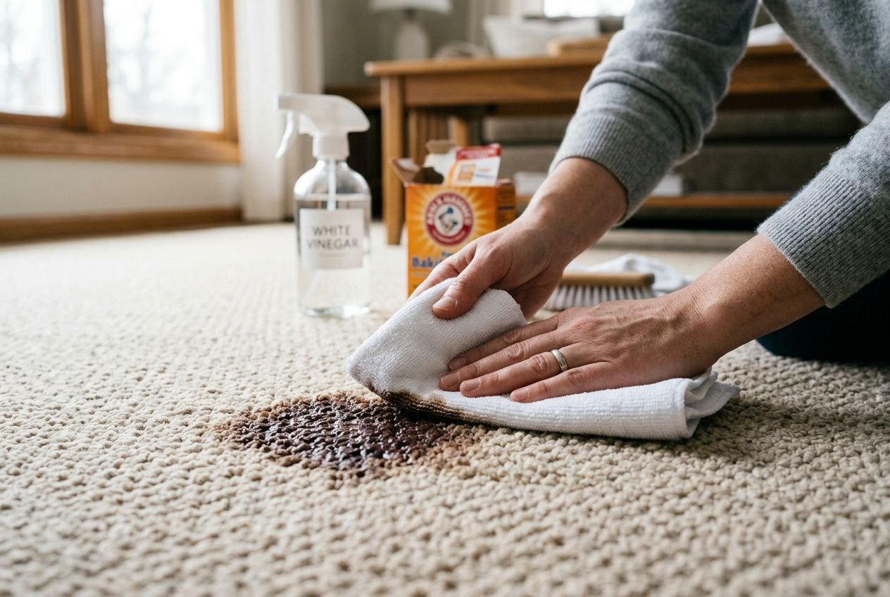Personne nettoyant une tâche d’encre sur un tapis avec chiffon, appuyant après pulvérisation de vinaigre blanc et bicarbonate.