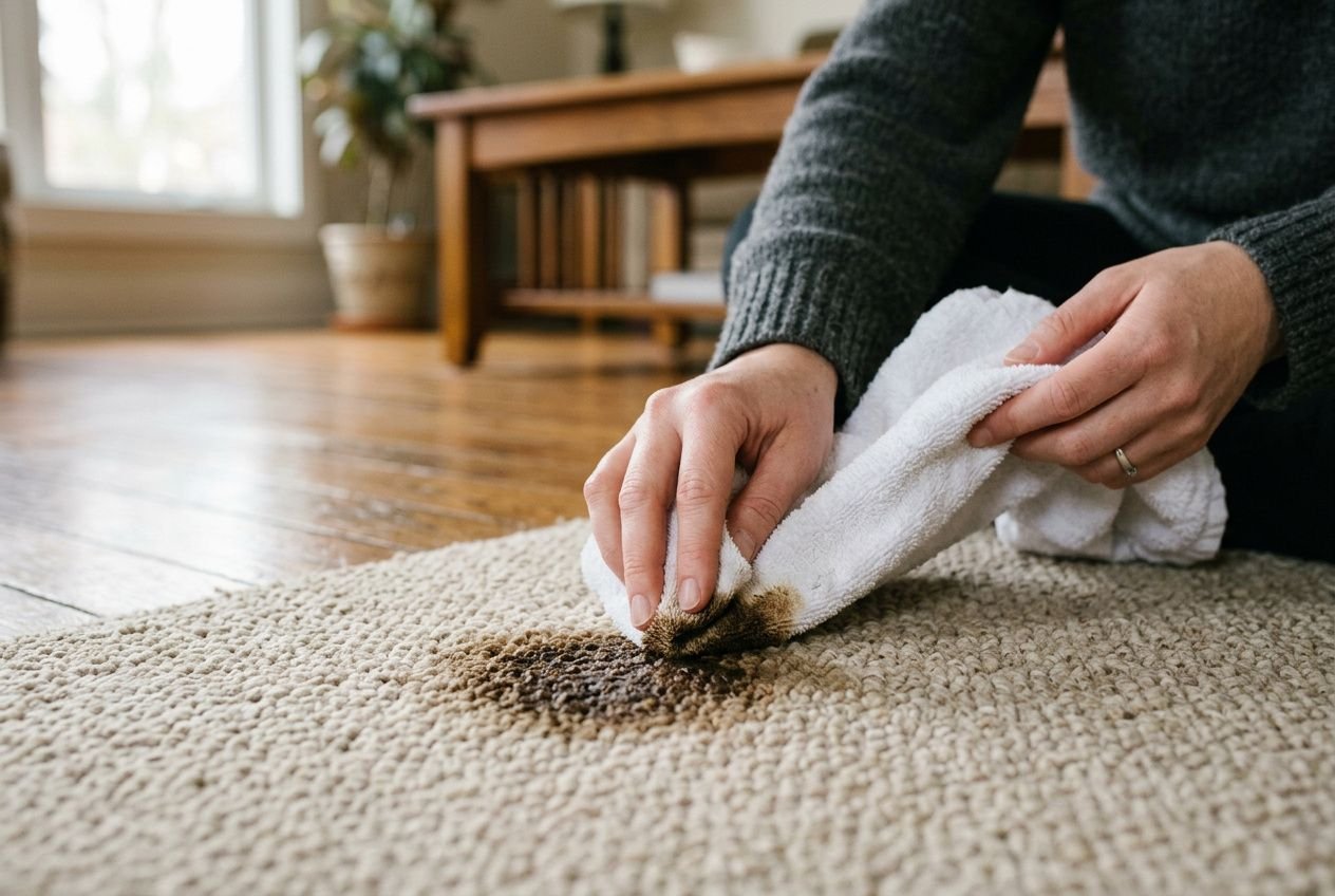 Personne utilisant un linge pour tamponner une tache grasse sur un tapis beige posé au sol.