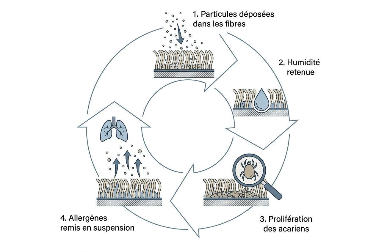 Pourquoi un tapis accumule autant de poussière: cycle de dépôts, humidité, prolifération des acariens et allergènes, avec remaniement par suspension et respiration des fibres.