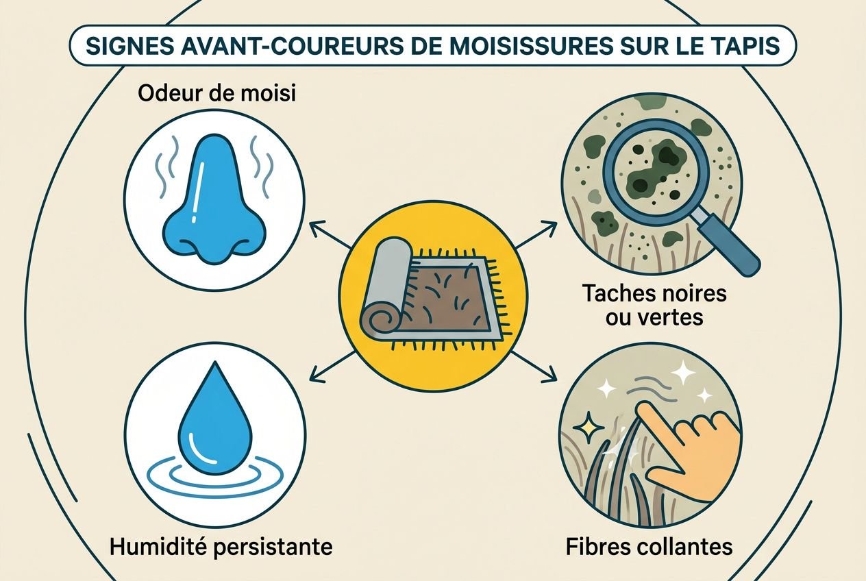 Signes avant-coureurs de moisissures sur le tapis: odeur de moisi, humidité persistante, taches noires ou vertes, fibres collantes autour d’un tapis. keywords integrated: tapis humide moisissure éviter.