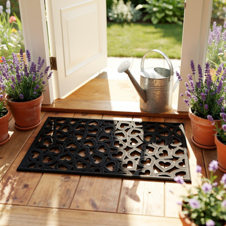 Tapis d’entrée noir avec motifs en forme de cœurs sur une terrasse en bois, portée par une porte ouverte et entourée de pots de lavande. intégration: "quel tapis mettre dans une entrée" est naturelle ici.