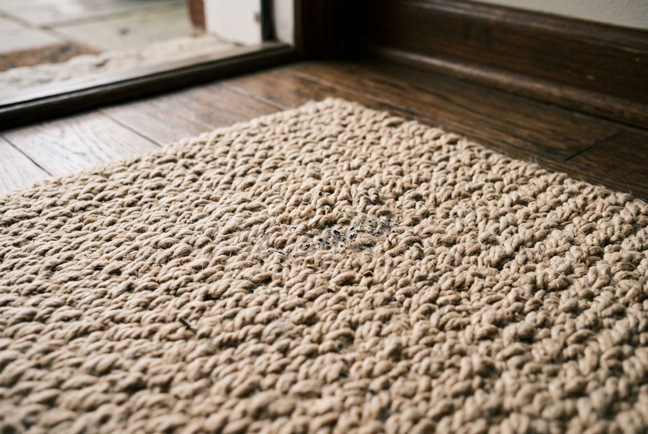 Tapis en fibres épaisses près d’une porte, montrant de la poussière et des traces sur les fibres. pourquoi un tapis accumule autant de poussière inclus.