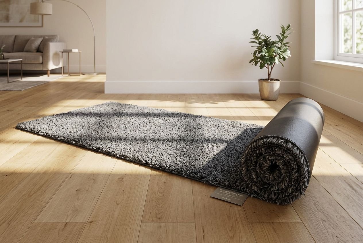 Tapis gris à poils longs déroulé sur parquet, partie roulée à droite; intérieur lumineux avec plante et canapé en arrière-plan.