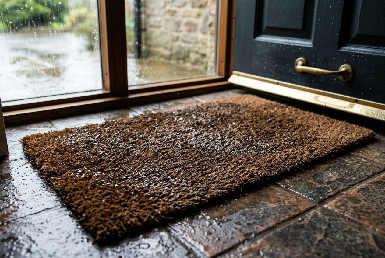 Tapis humide et mouillé près d’une porte d’entrée, avec de l’eau sur le seuil et des traces de moisissure possibles. tapis humide moisissure éviter intégration naturelle.