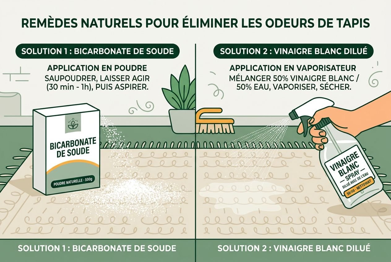 Tapis qui sent mauvais que faire : illustration de remèdes naturels contre les odeurs, bicarbonate de soude et vinaigre blanc dilué utilisés pour neutraliser les mauvaises odeurs.