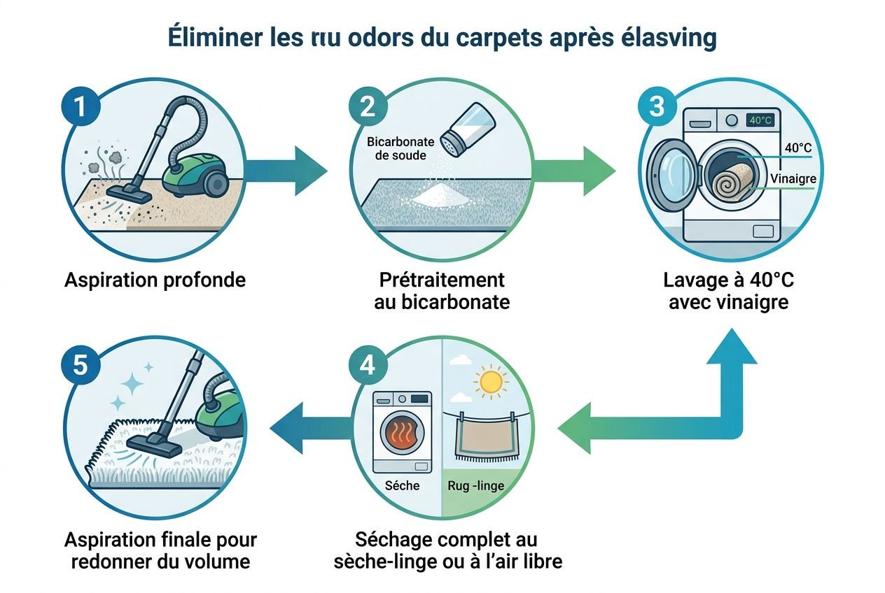 Tapis qui sent mauvais que faire : schéma étape par étape pour désodoriser avec bicarbonate, lavage et séchage naturel.
