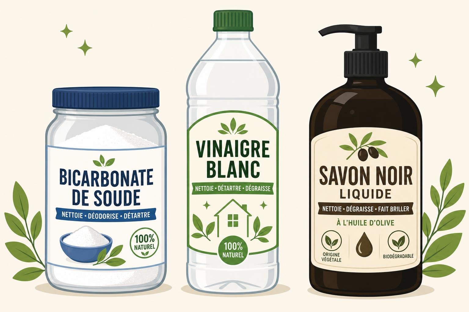 Trois produits ménagers naturels (bicarbonate de soude, vinaigre blanc et savon noir) pour nettoyer un paillasson d'entrée.