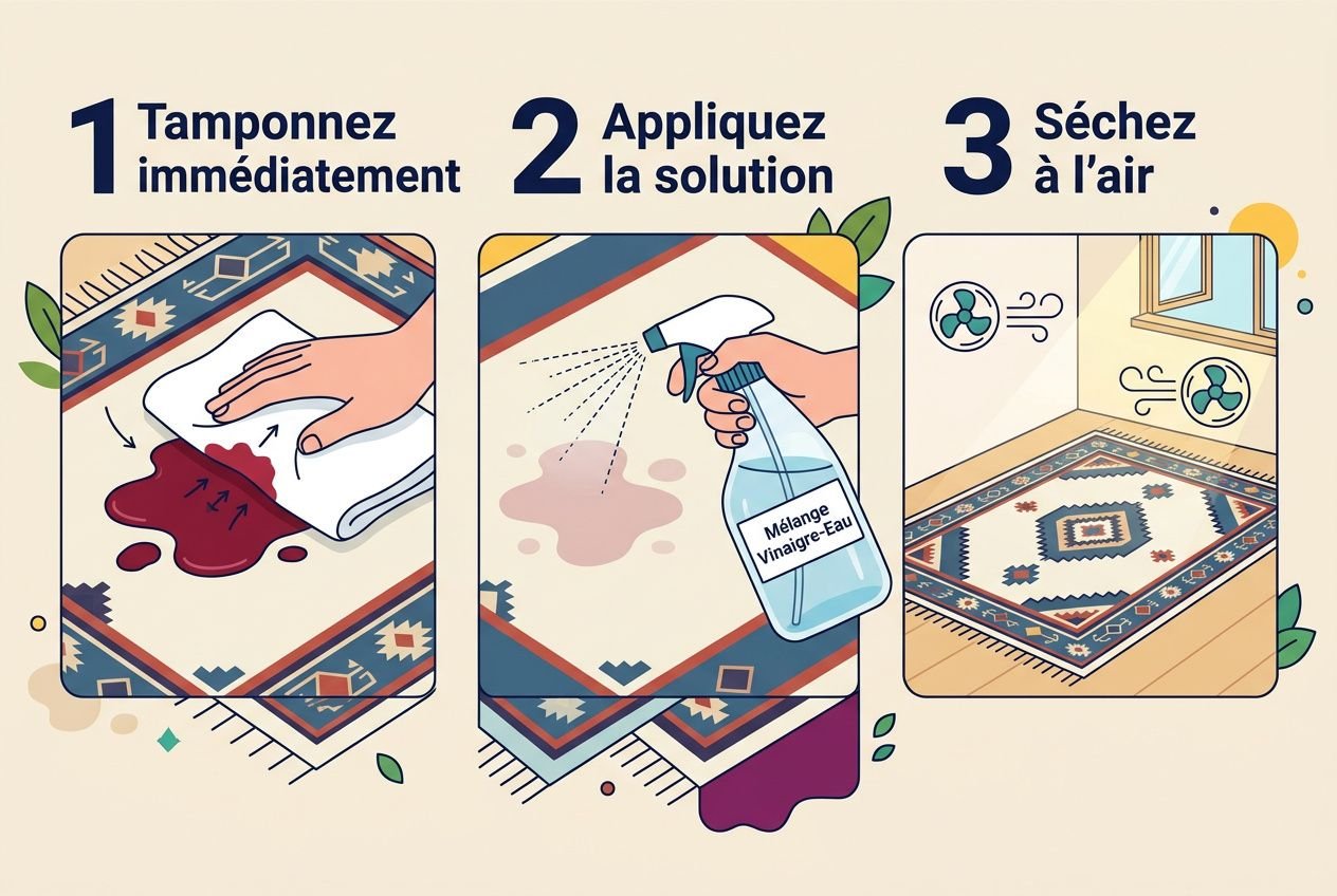 Tutoriel pour nettoyer un tapis en laine: tamponner, appliquer la solution et sécher à l’air. Inclut bicarbonate, vinaigre-eau et savon de Marseille.